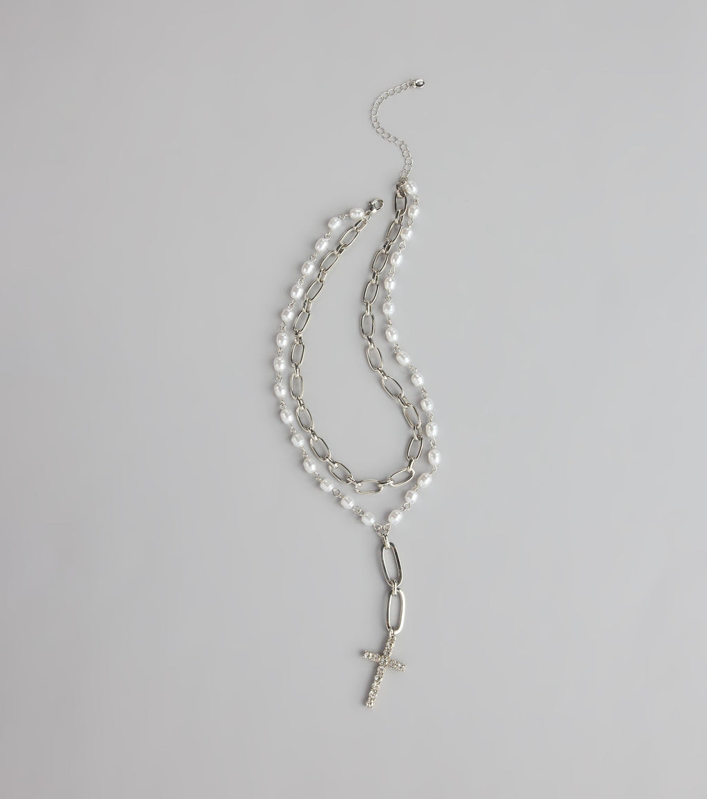 Saintly Chic Pearl And Rhinestone Cross Necklace