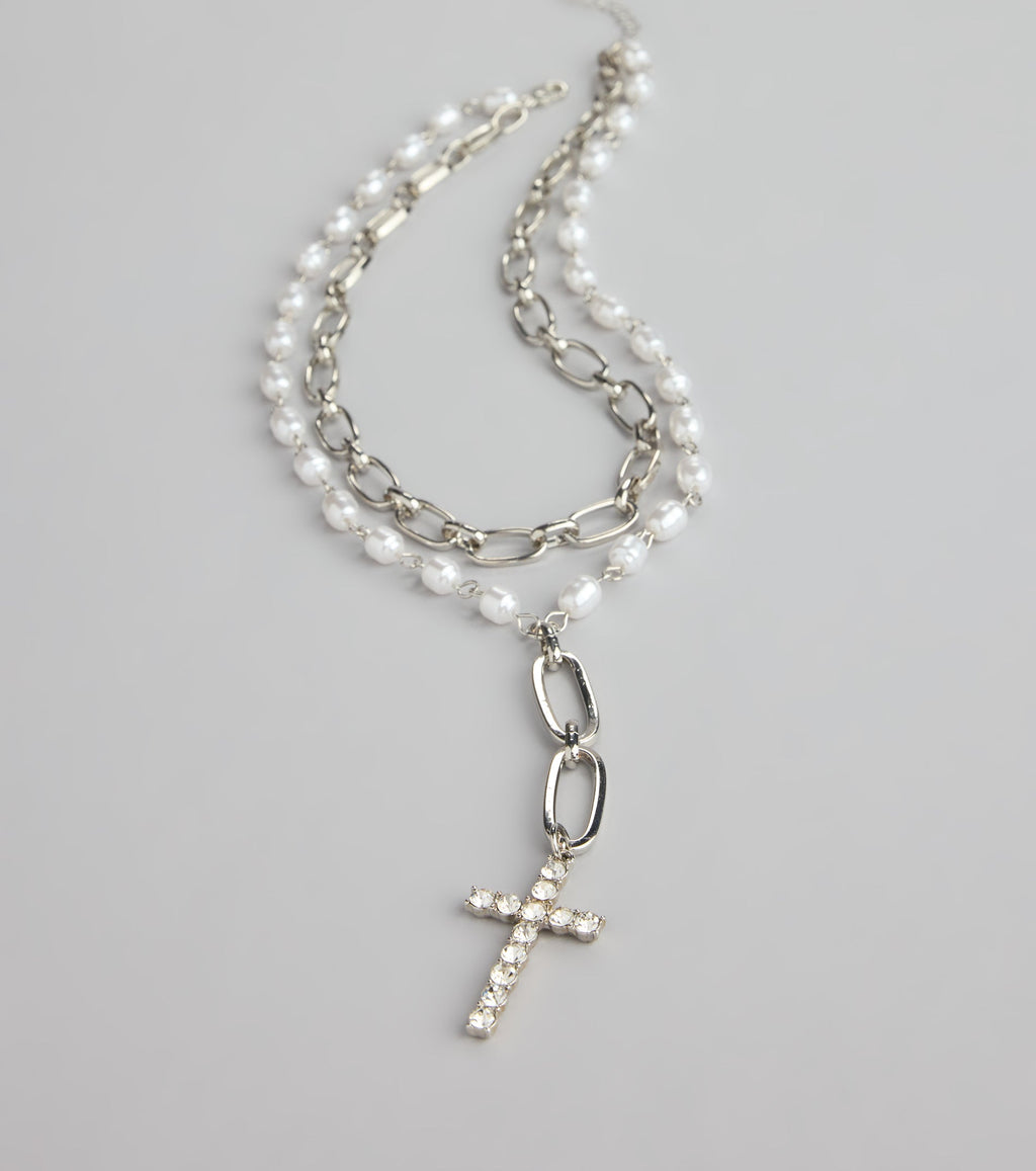 Saintly Chic Pearl And Rhinestone Cross Necklace