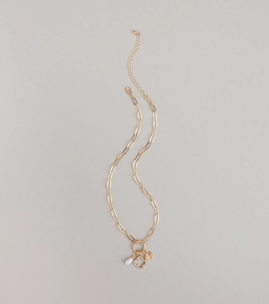 Good Luck Clover And Pearl Charm Necklace