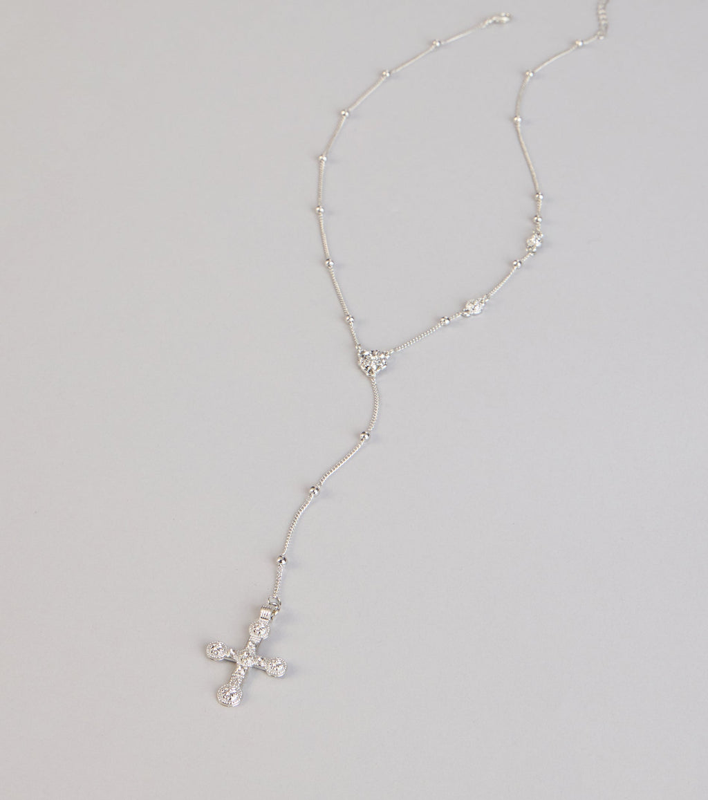 Soft Shine Rhinestone Cross Lariat Necklace