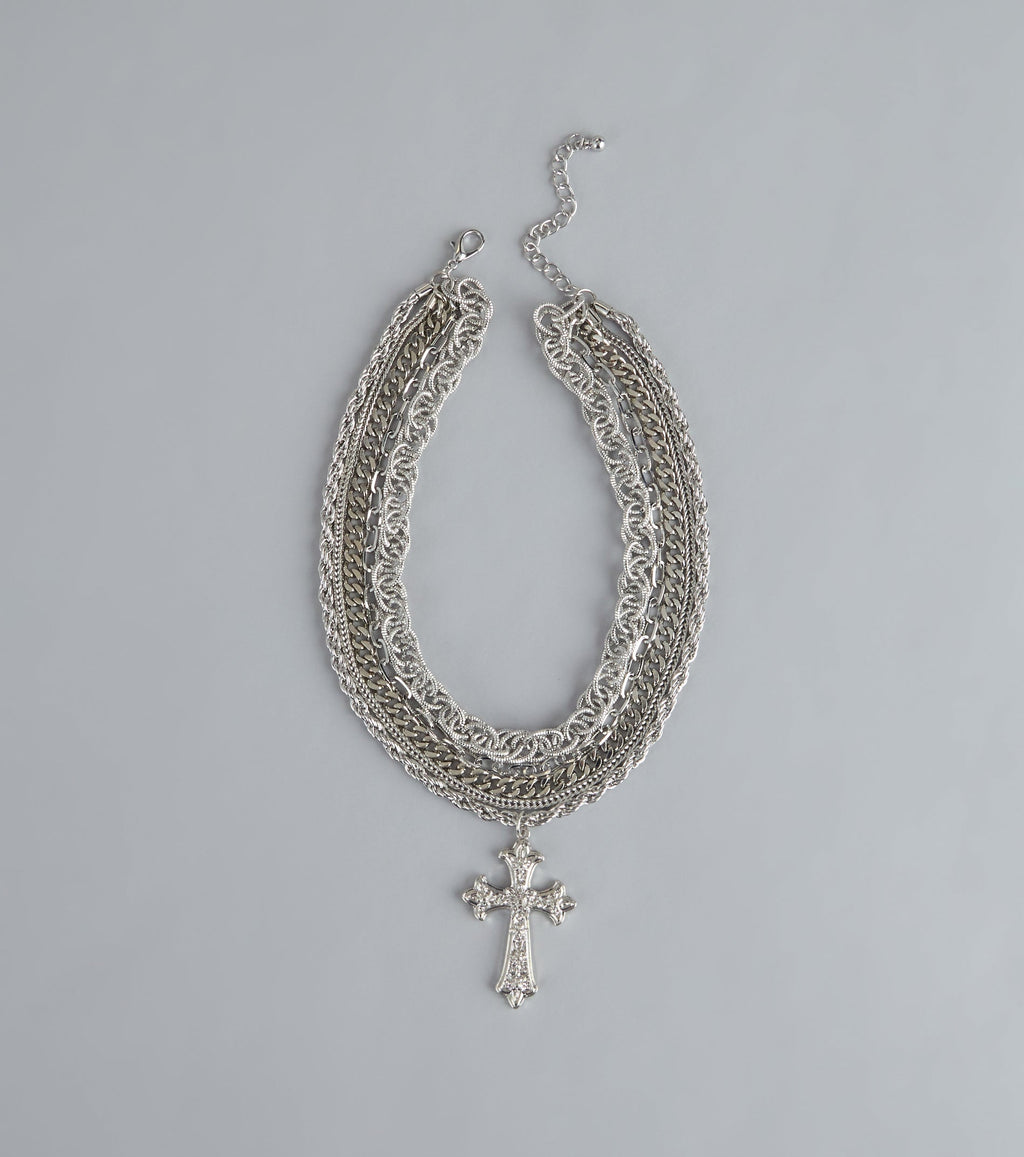 Stacked Up Layered Chain Cross Charm Necklace