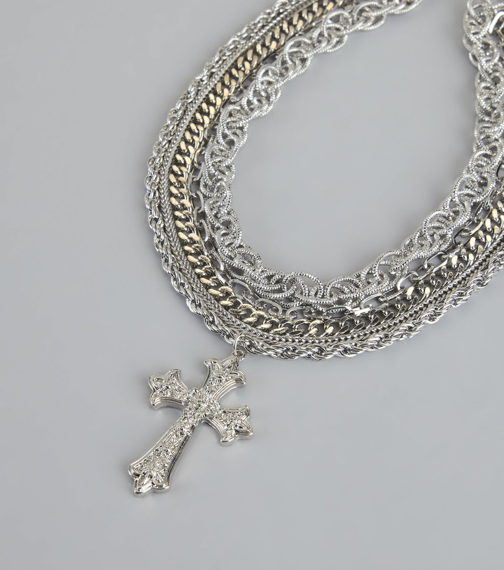 Stacked Up Layered Chain Cross Charm Necklace