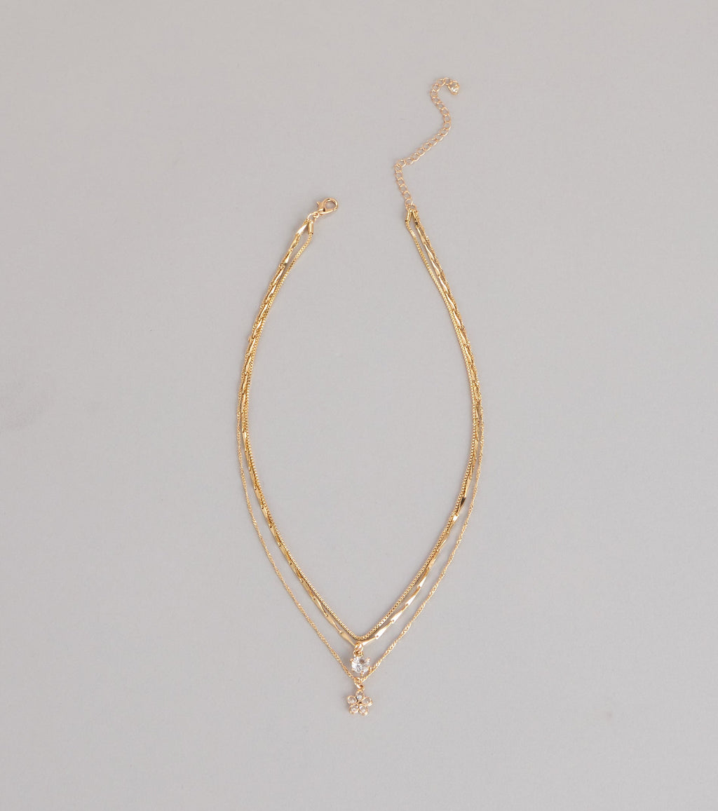 Pretty Glam Rhinestone Flower Charm Layered Necklace
