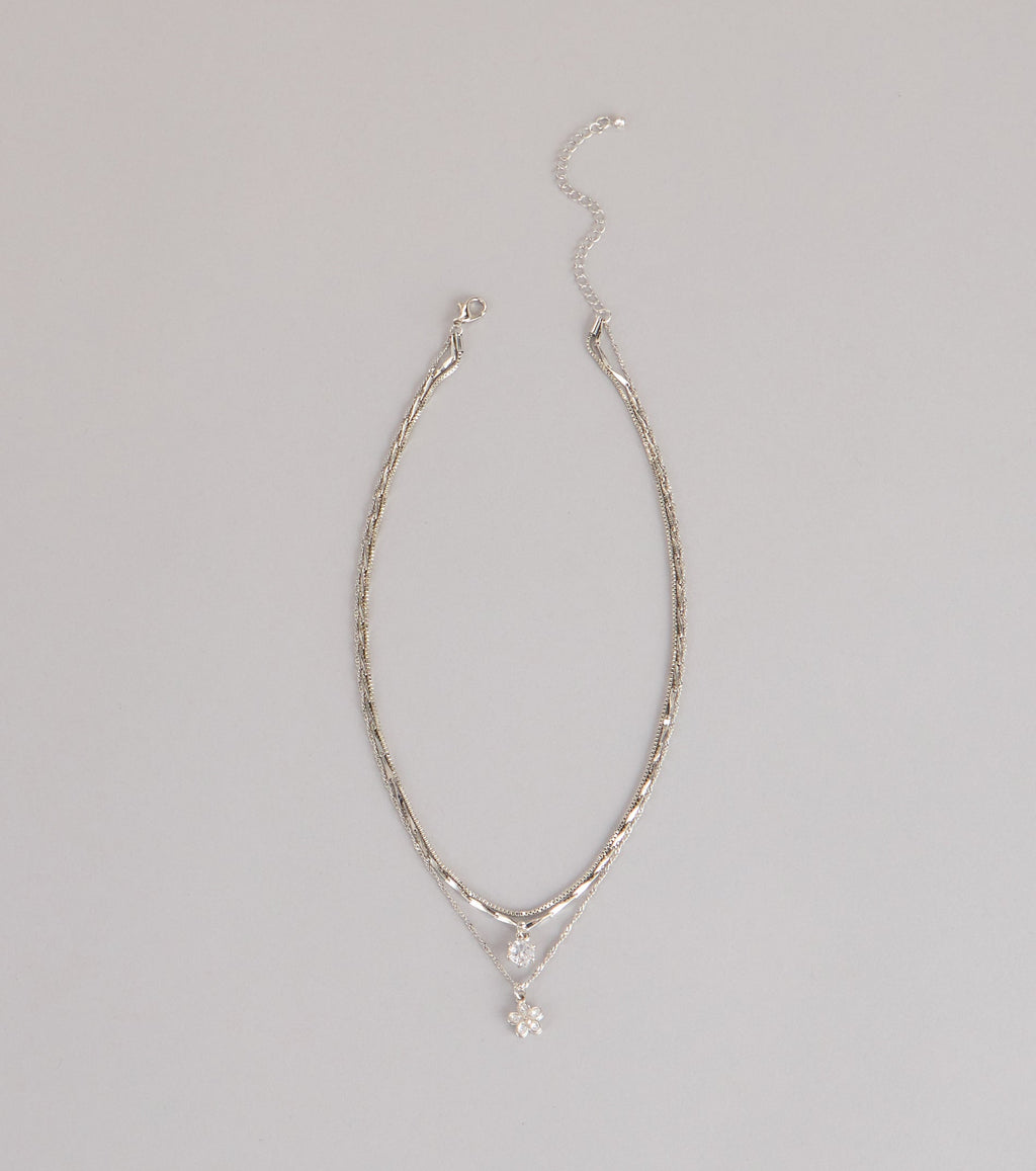 Pretty Glam Rhinestone Flower Charm Layered Necklace