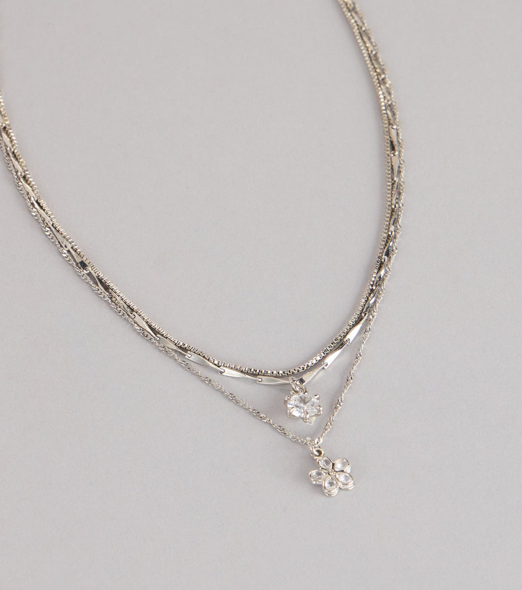 Pretty Glam Rhinestone Flower Charm Layered Necklace