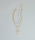 Soft Shine Faux Pearl Cross Charm Necklace Set