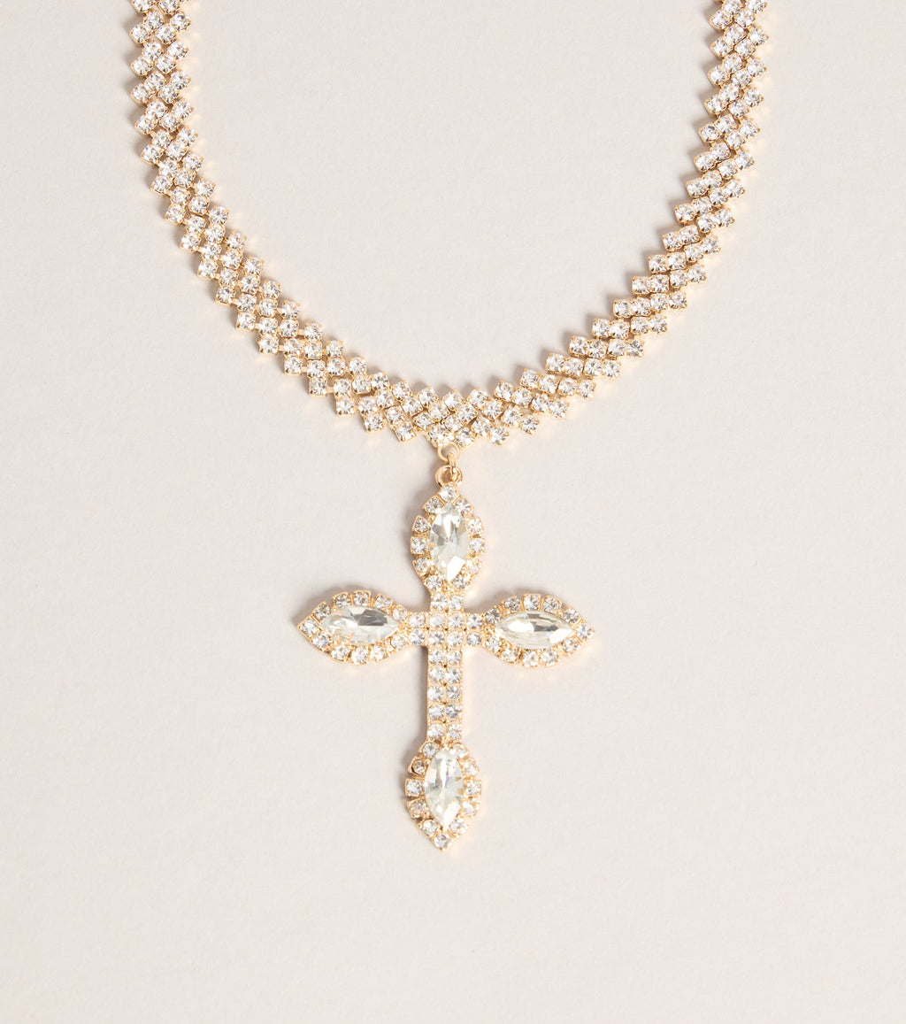 Bold Shine Rhinestone Cross Statement Necklace