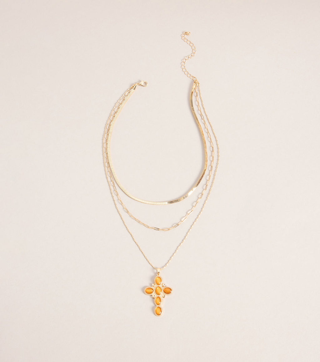 Chic Layers Stone Cross Charm Necklace