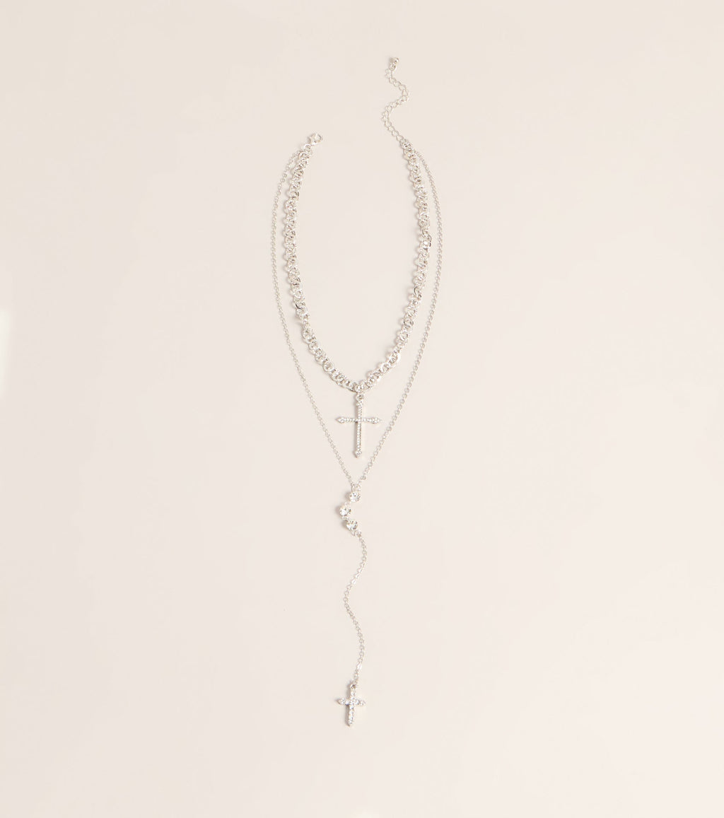 Layered Sparkle Rhinestone Cross Charm Lariat Necklace