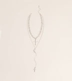 Layered Sparkle Rhinestone Cross Charm Lariat Necklace