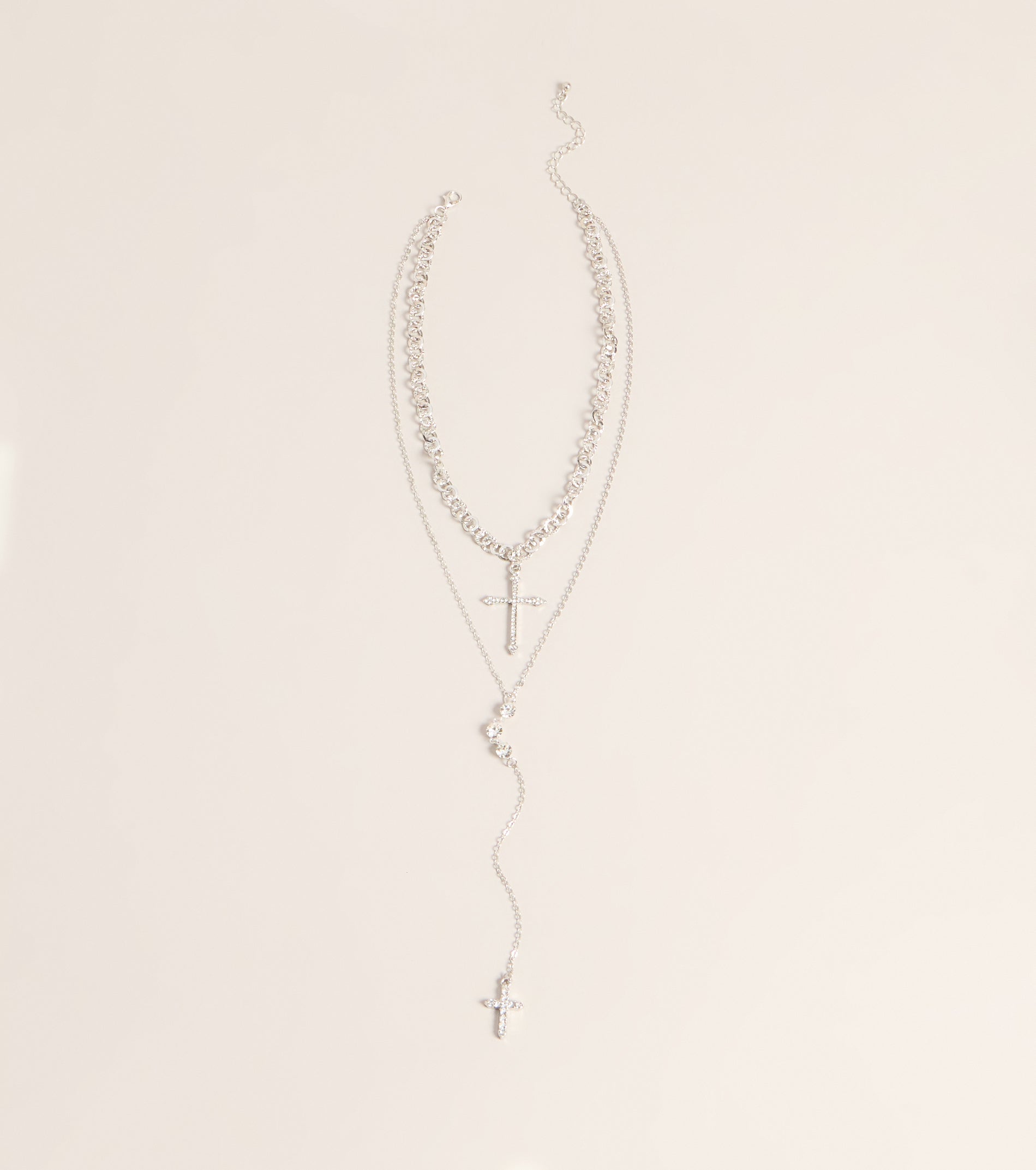 Layered Sparkle Rhinestone Cross Charm Lariat Necklace