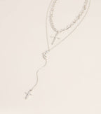 Layered Sparkle Rhinestone Cross Charm Lariat Necklace