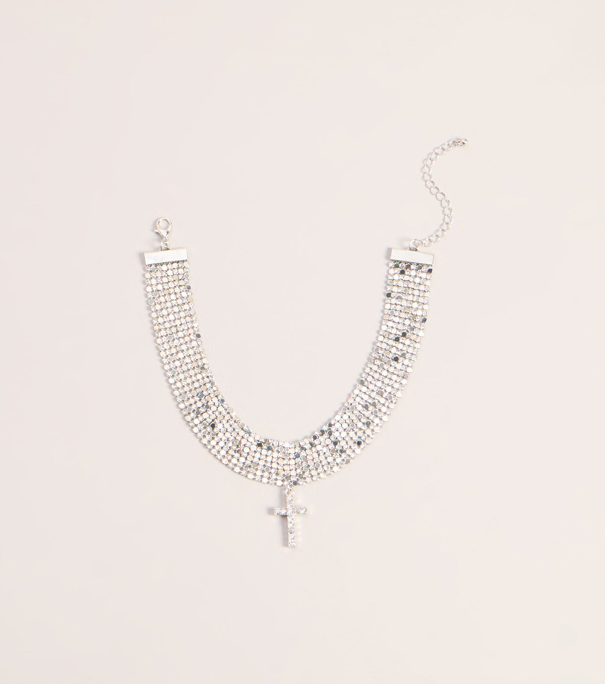 Glitzy Rhinestone Cross Chainmail Choker Necklace