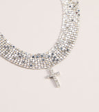 Glitzy Rhinestone Cross Chainmail Choker Necklace