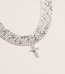 Glitzy Rhinestone Cross Chainmail Choker Necklace