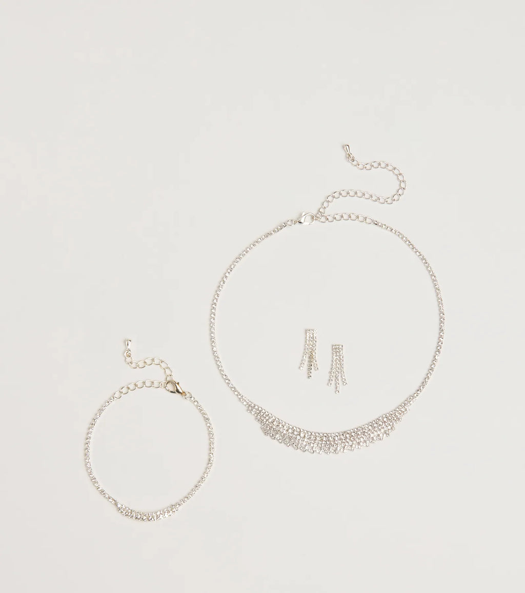 Luxe Rhinestone Necklace, Earrings, And Bracelet Set