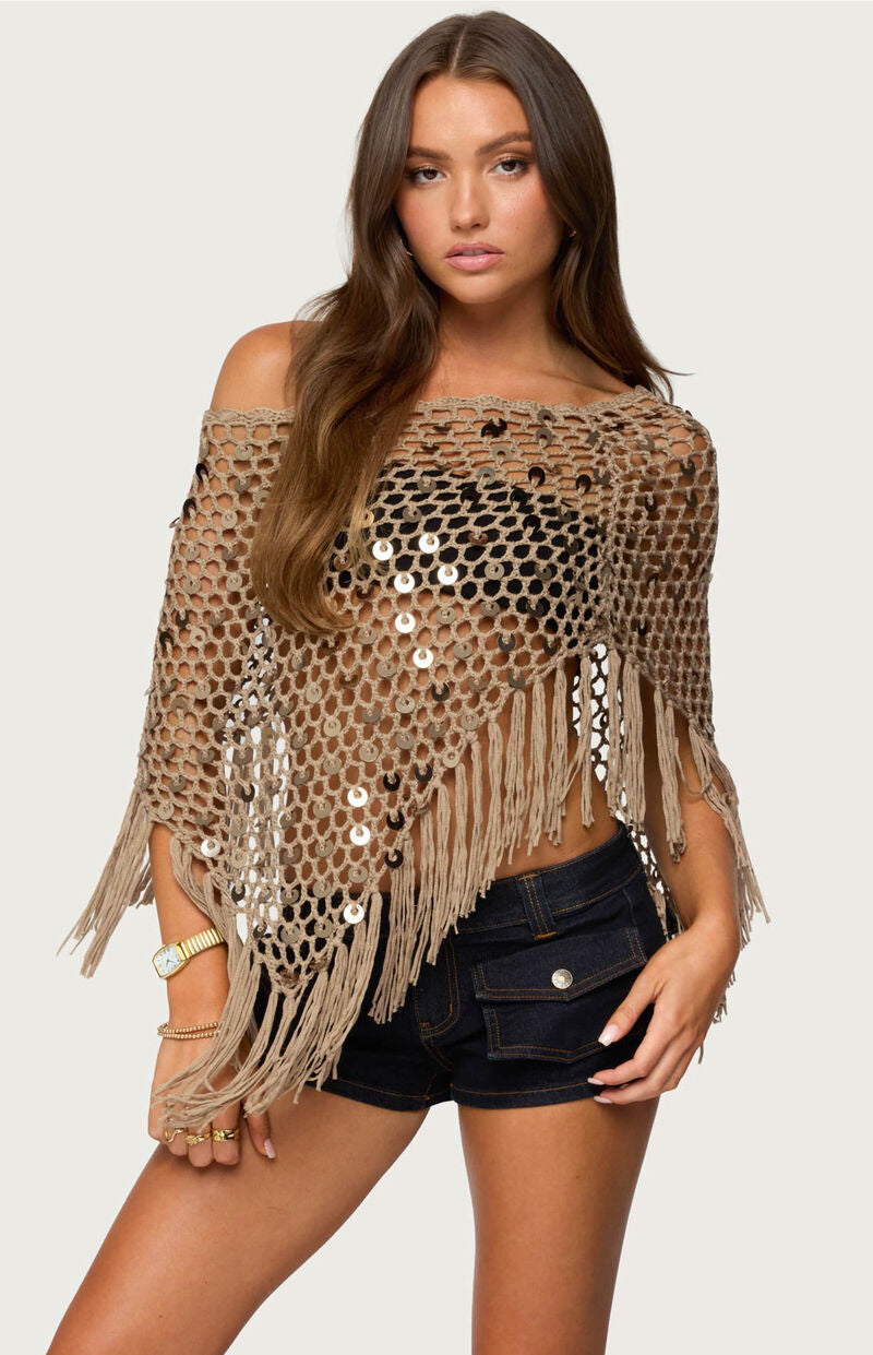 Edikted Fringe Sequin Crochet Poncho - Tan