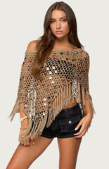 Edikted Fringe Sequin Crochet Poncho - Tan