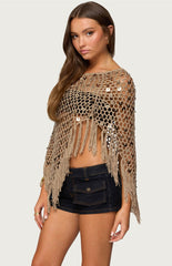 Edikted Fringe Sequin Crochet Poncho - Tan