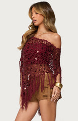 Edikted Fringe Sequin Crochet Poncho - Burgundy