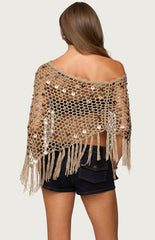 Edikted Fringe Sequin Crochet Poncho - Tan