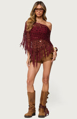 Edikted Fringe Sequin Crochet Poncho - Burgundy