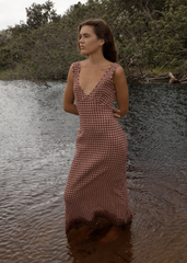 AFENDS Womens Tully - Seersucker Maxi Dress - Capricorn Burgundy / Beige Check