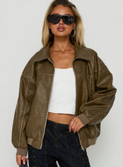 Goldsmith Faux Leather Bomber Jacket Washed Brown