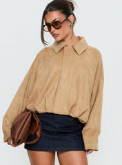 Enlightened Faux Suede Bomber Jacket Beige