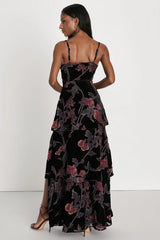 I Love You Amore Black Floral Velvet Tiered Maxi Dress