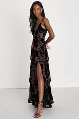 I Love You Amore Black Floral Velvet Tiered Maxi Dress