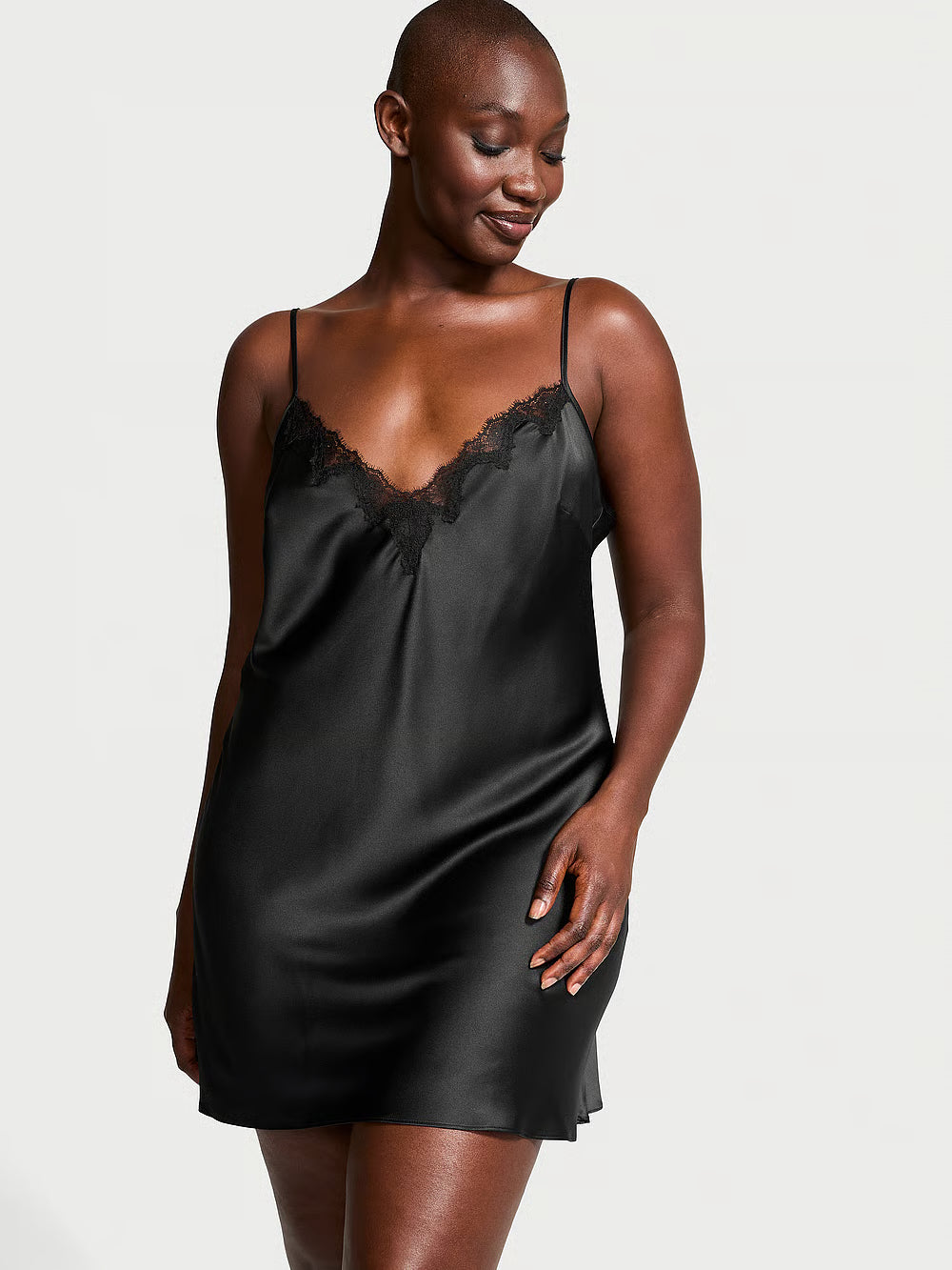 Satin Rose Lace-Trim Mini Slip Dress