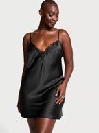 Satin Rose Lace-Trim Mini Slip Dress