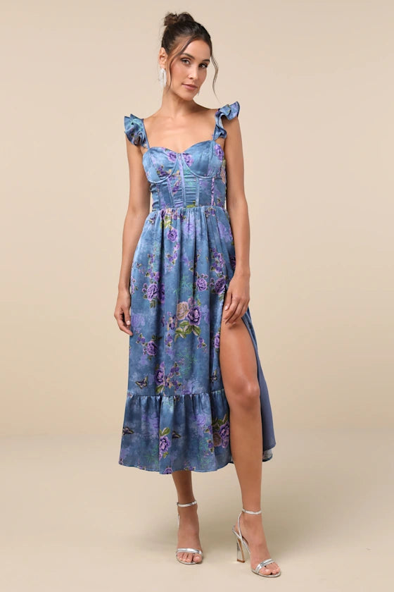 Blue Bustier Dress - Floral Bustier Dress - Slit Midi Dress