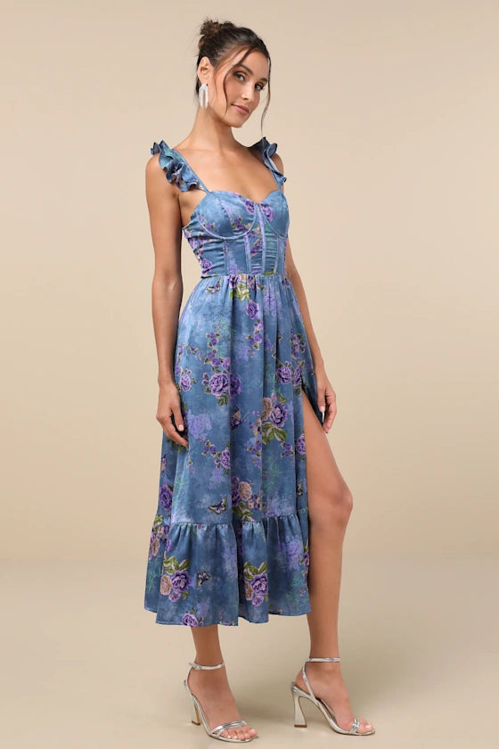 Blue Bustier Dress - Floral Bustier Dress - Slit Midi Dress