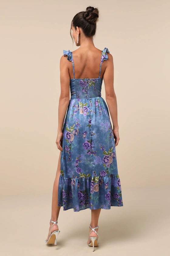 Blue Bustier Dress - Floral Bustier Dress - Slit Midi Dress