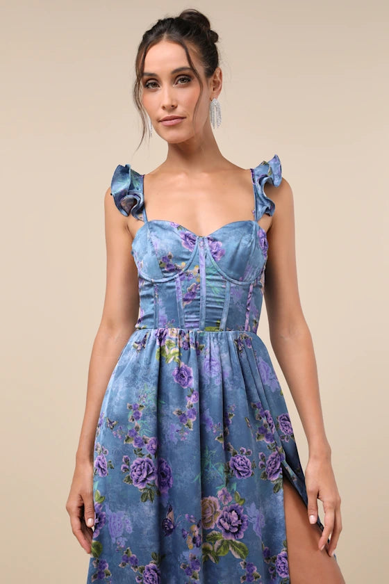 Blue Bustier Dress - Floral Bustier Dress - Slit Midi Dress