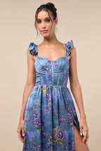 Blue Bustier Dress - Floral Bustier Dress - Slit Midi Dress