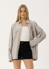 AFENDS Mens Lennox - Oversized Long Sleeve Shirt - Olive Stripe