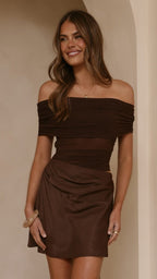 Daena Off Shoulder Mini Dress - Chocolate