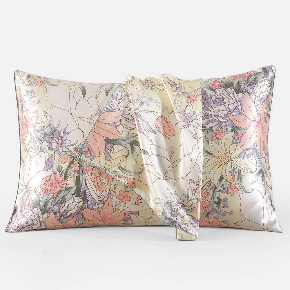 Floral Silk Pillowcase with Blossom Pattern & Hidden Zipper