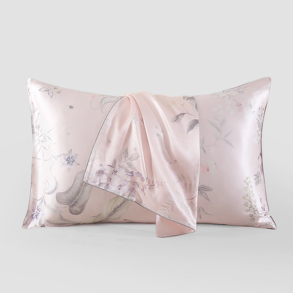 Floral Silk Pillowcase with Blossom Pattern & Hidden Zipper