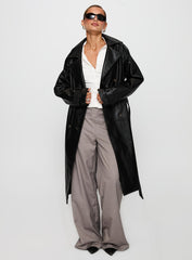 Think Later Faux Leather Trench Coat Black