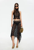 LIONESS Black Lace Halter Top - Sheer Backless Going Out Top