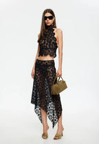 LIONESS Black Lace Halter Top - Sheer Backless Going Out Top