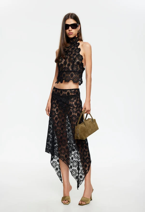 LIONESS Black Lace Halter Top - Sheer Backless Going Out Top
