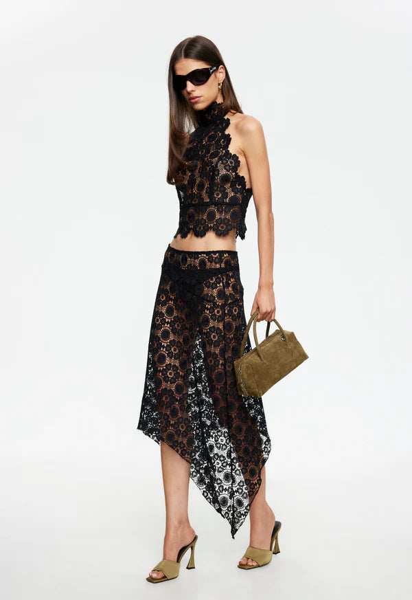 LIONESS Black Lace Halter Top - Sheer Backless Going Out Top