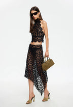 LIONESS Black Lace Halter Top - Sheer Backless Going Out Top