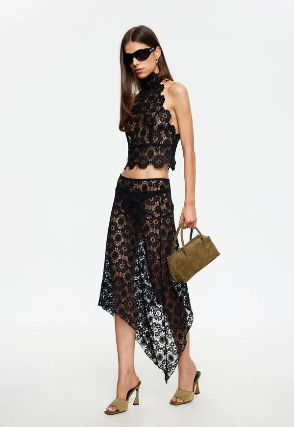 LIONESS Black Midi Skirt - Women's High Waisted Fitted Midi Skirt