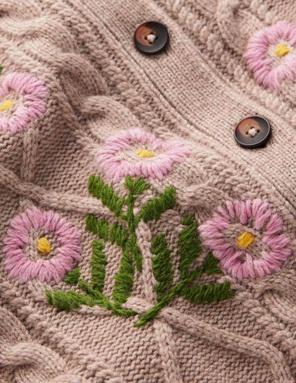 Cable Knitted Cardigan Mink Melange, Embroidery